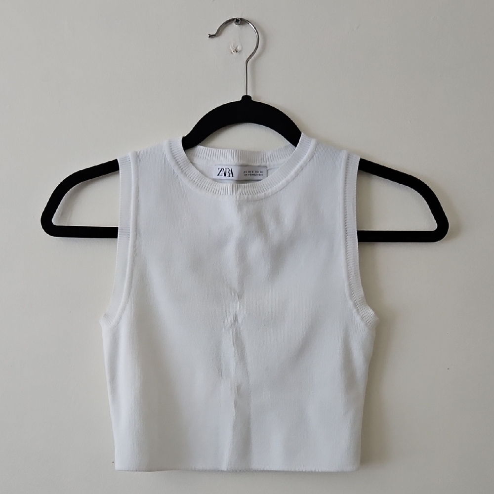 Zara White Fitted Sleeveless Crop Tank